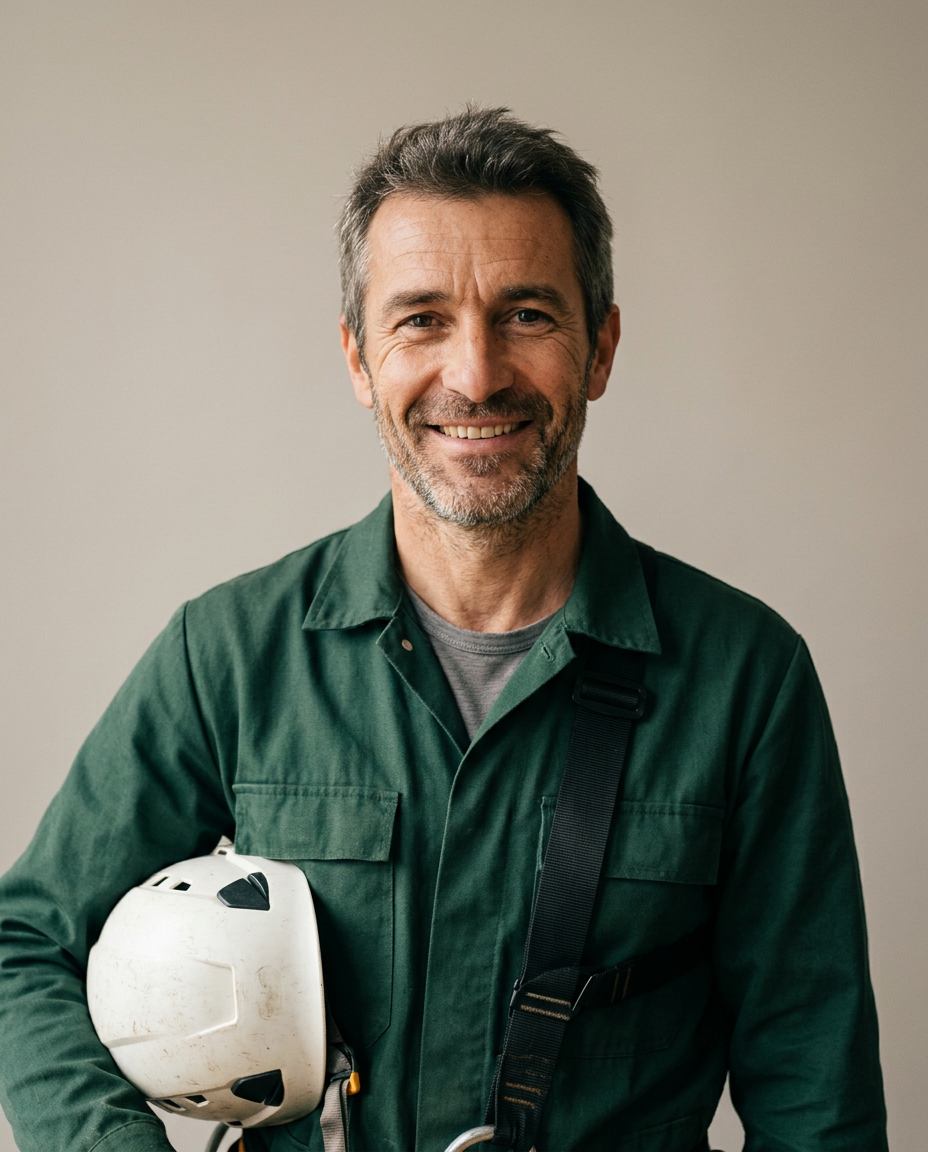 Portrait d’un élagueur souriant en bleu de travail vert, casque sous le bras.